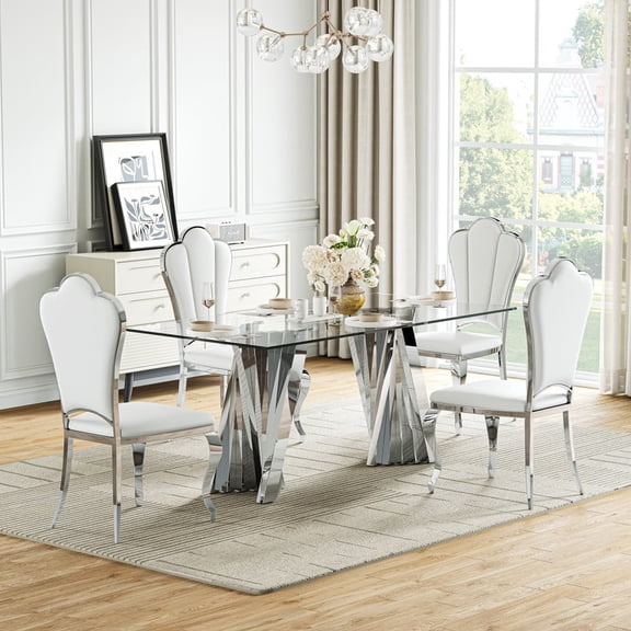 70" Rectangular Tempered Glass Dining Table Set for 4, Mirrored Stainless Steel Base, 4 Flower Shaped Back PU Leather Chairs, Dining Room and Living Room