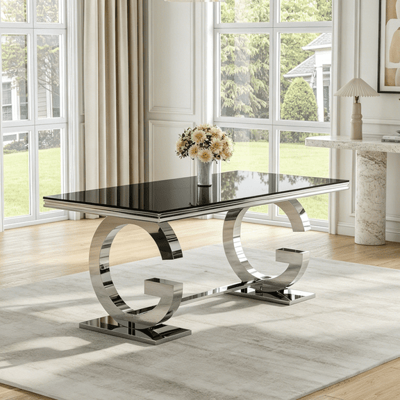 70" Rectangular Tempered Glass Dining Table with Double-G Stainless Steel Pedestal Base, Seats 4-6, Modern Kitchen & Dining Room Furniture