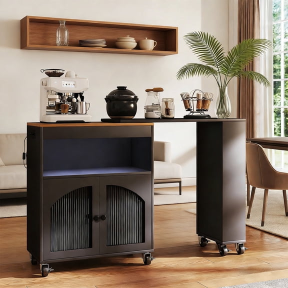 70" Rolling Kitchen Island with 360° Rotating Tabletop, Rolling Kitchen Storage Cart with LED Light Power Outlets 2 Fluted Glass Doors Side 3 Open Shelves, Black