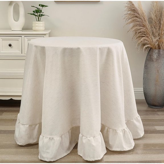 70" Round Rustic Linen Tablecloth with Ruffled Edge, Decorator Dining and Banquet Cloth, Natural Color