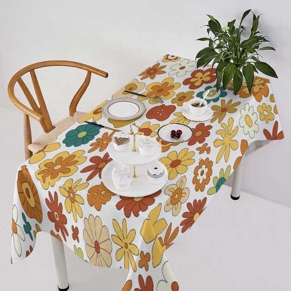 70''S Retro Floral Tablecloth, Boho Abstract Yellow Orange Flowers Groovy Table Cover for Country Farmhouse Kitchen Dining Room Party Picnic Table Decor 60x120inch