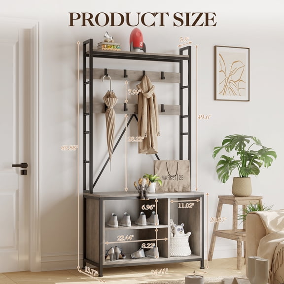 70" Shoe Rack with Coat Hanger, Metal Frame Hall Tree with Bench and Shoe Storage, Hooks & Open Shelf, Standing Entryway Clothing Rack for Hallway, Living Room