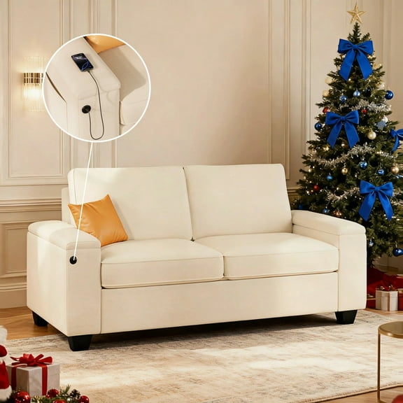 Loveseat Sofa ,71" Couch for Living Room with USB/Type-C Port, Wide Armrest Storage, Modern Chenille Fabric, Beige White