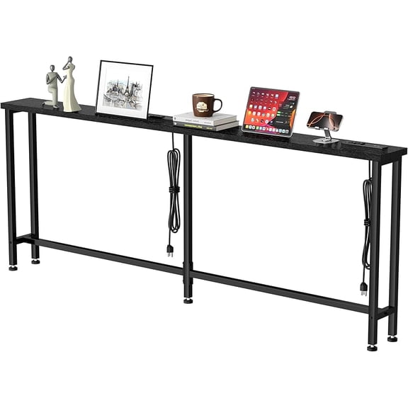 70" Sofa Table with Built-in Power Strip (4 AC Outlets & 4 USB Ports) – 4.9ft Power Cord, Metal Frame, Easy Assembly, Long Couch Table Behind Sofa, Hallway, Living Room and Home Office| Black