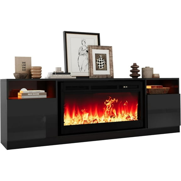 70" TV Stand & 36" Electric Fireplace, 12 Colors LED Lights Flame, 1500W for Max 80" TVs, 2 Tier Storage 2 Door Cabinet
