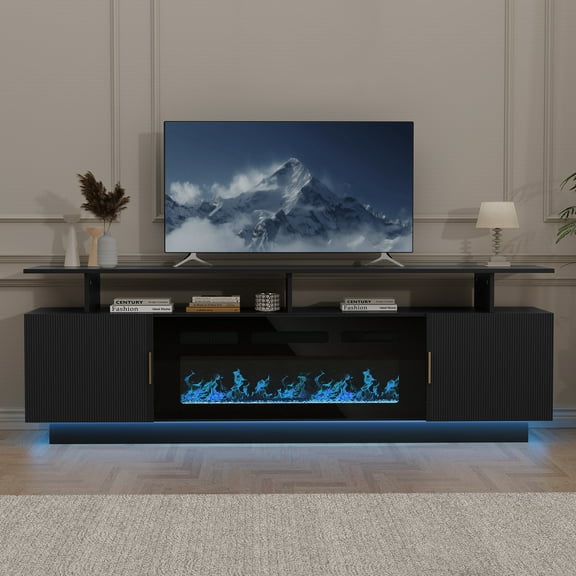 70'' TV Stand with 36'' Electric Fireplace - 23'' High Black Entertainment Center, Changeable LED Light, Power Outlet, Fits 65''+ TVs, Modern Living Room Console (White)