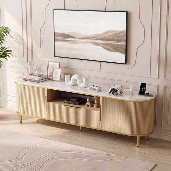 70" TV Stand with Power Outlet for TVs up to 80" – Entertainment Center with Storage Drawer, Adjustable Shelves & Sliding Door for Living Room, Bedroom, Natural Oak