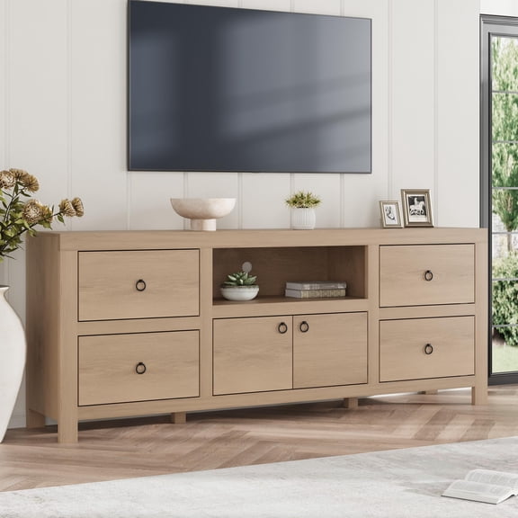 70 in TV Stand for TVs Up to 80 Inch, Entertainment Center with 4 Storage Drawers & 3 Open Shelf, Television Consoles Stands for Living Room, Bedroom, Natural
