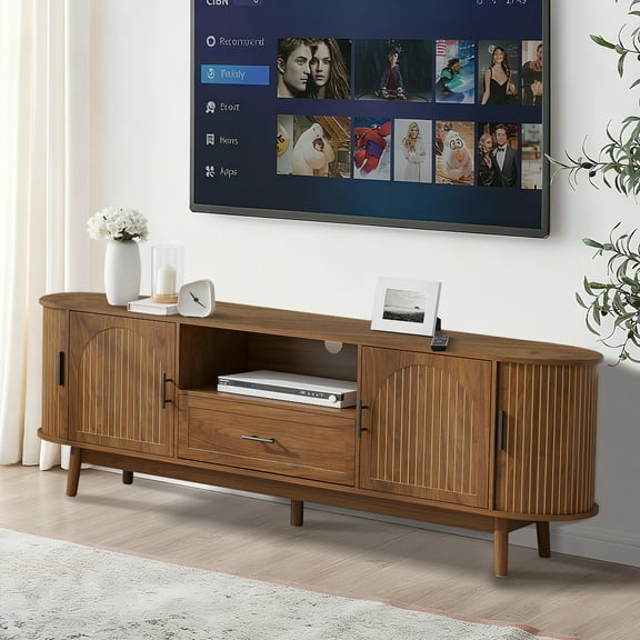 70" TV Stand for Tvs up to 80", Mid Century Modern Fluted Entertainment Center with Drawer and Fluted Doors, Media Console for Living Room Bedroom, Walnut