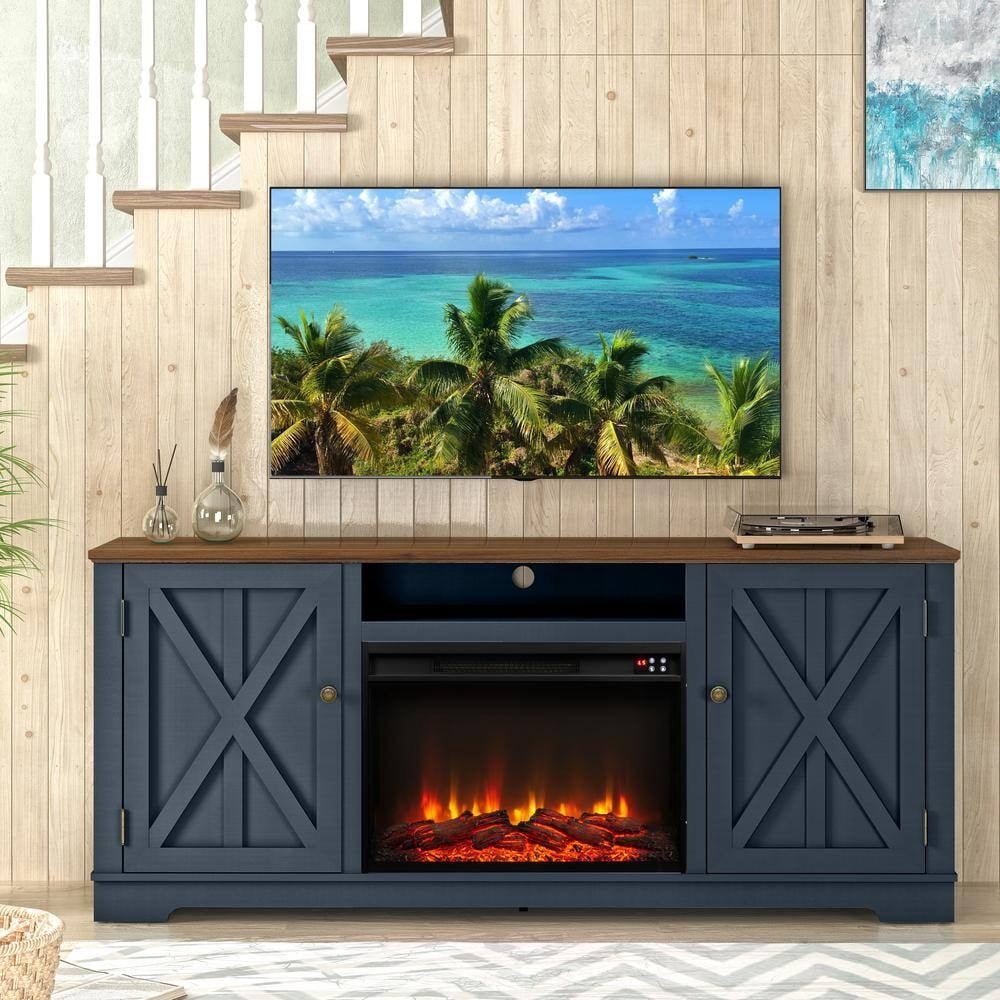 70" TV Stand with 26" Electric Fireplace-Navy