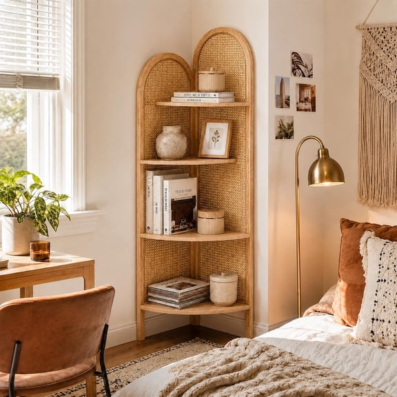 70" Tall 4-Tier Corner Shelf Display, Boho Bookshelf Multi Unit Organizer Rack with Pine Wood & Rattan for Small Spaces, Living Room, Natural