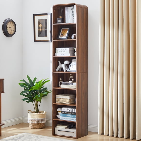 MIYZEAL70" Tall 8-Tier Narrow Arched Bookshelf, Walnut Freestanding Storage Organizer with Multiple Independent Compartments, Open Display Bookcase for Small Space, Living Room, Entryway, Home Office