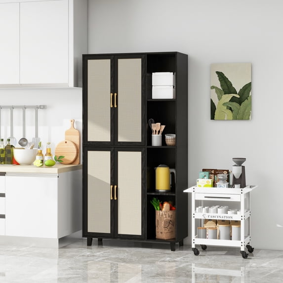 70" Tall Accent Storage Cabinet, Modern Organizer Sideboard with Open Shelves, Doors, Adjustable Shelves, Pantry Storage Cabinet for Bathroom, Living Room, Kitchen, Dining Room, Entryway, Black