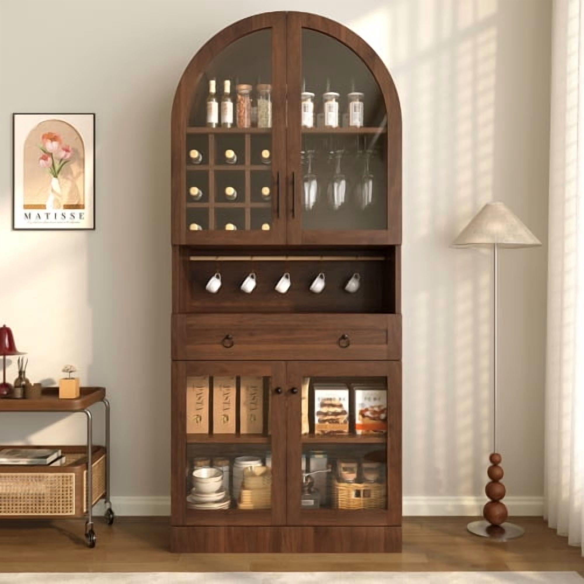 70" Tall Arched Bar Cabinet, Mid-Century Wine & Coffee Bar Cabinet with Tempered Glass Doors, 9 Wine Racks, 3 Glass Holders, Adjustable Shelf, 5 Hooks, Large Drawer, Walnut