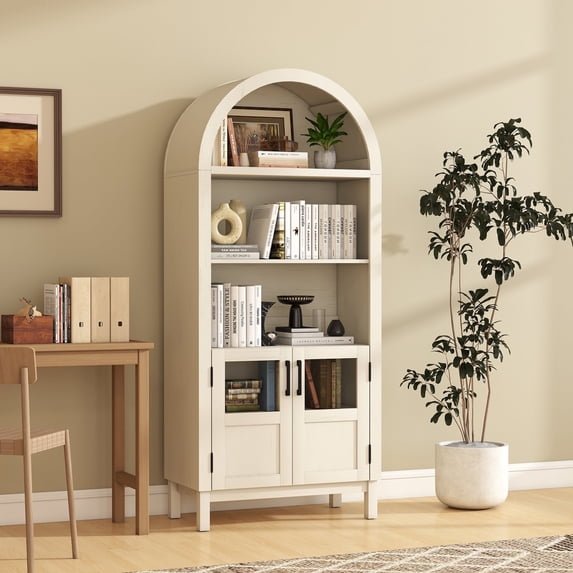 BOMETAO Arched Cabinet 70" Tall Arch Bookcase China Cabinet with Glass Doors and Open Adjustable Shelves, Storage Display Curio Cabinet for Kitchen, Living Room, White