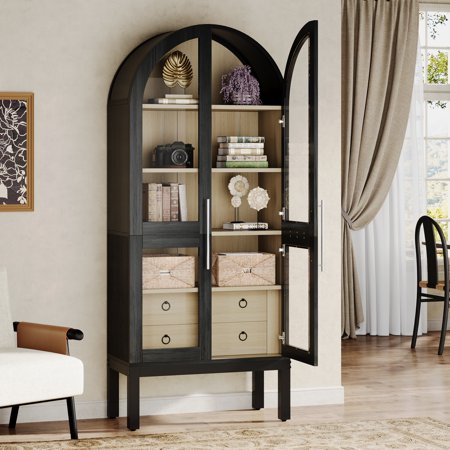 Tribesigns 70" Arched Bookshelf with LED Lights, Modern Display Storage Cabinet for Living Room,Black