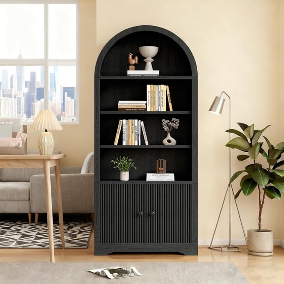 70" Tall Arched Bookshelf, 2 Doors 6 Tiers Arch Bookcase with Storage, Modern Farmhouse Book Shelf with Adjustable Shelves, Wood Bookshelf for Office Living Room, Black
