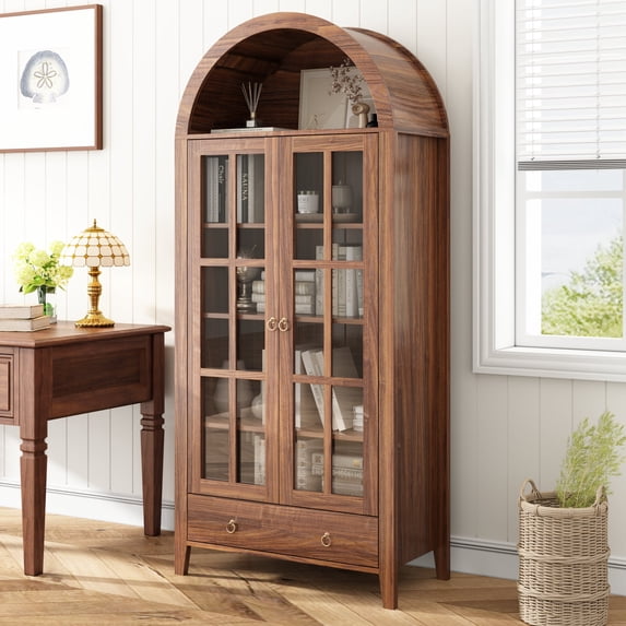 70'' Tall Arched Bookshelf with 5 Tier Shelf and Doors, Wood Bookcase Cabinet for Bedroom, Living Room