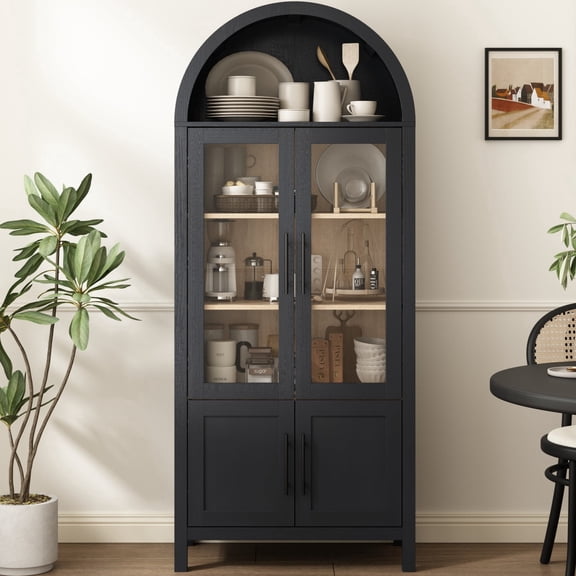 70'' Tall Arched Bookshelf with Glass Door, Modern Wood Bookcase Cabinet with 5 Tier Display Shelf for Living Room, Black