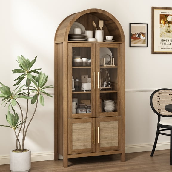 70'' Tall Arched Bookshelf with Glass Door, Modern Wood Bookcase Cabinet with 5 Tier Display Shelf for Living Room, Rustick oak