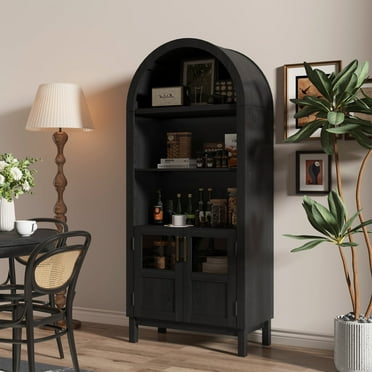 BOMETAO 70" Tall Arched Cabinet, 5-Tier Bookcase with Glass Doors & Adjustable Shelves, Storage Display Cabinet with Metal Handle for Kitchen, Living Room, Pantry, Black