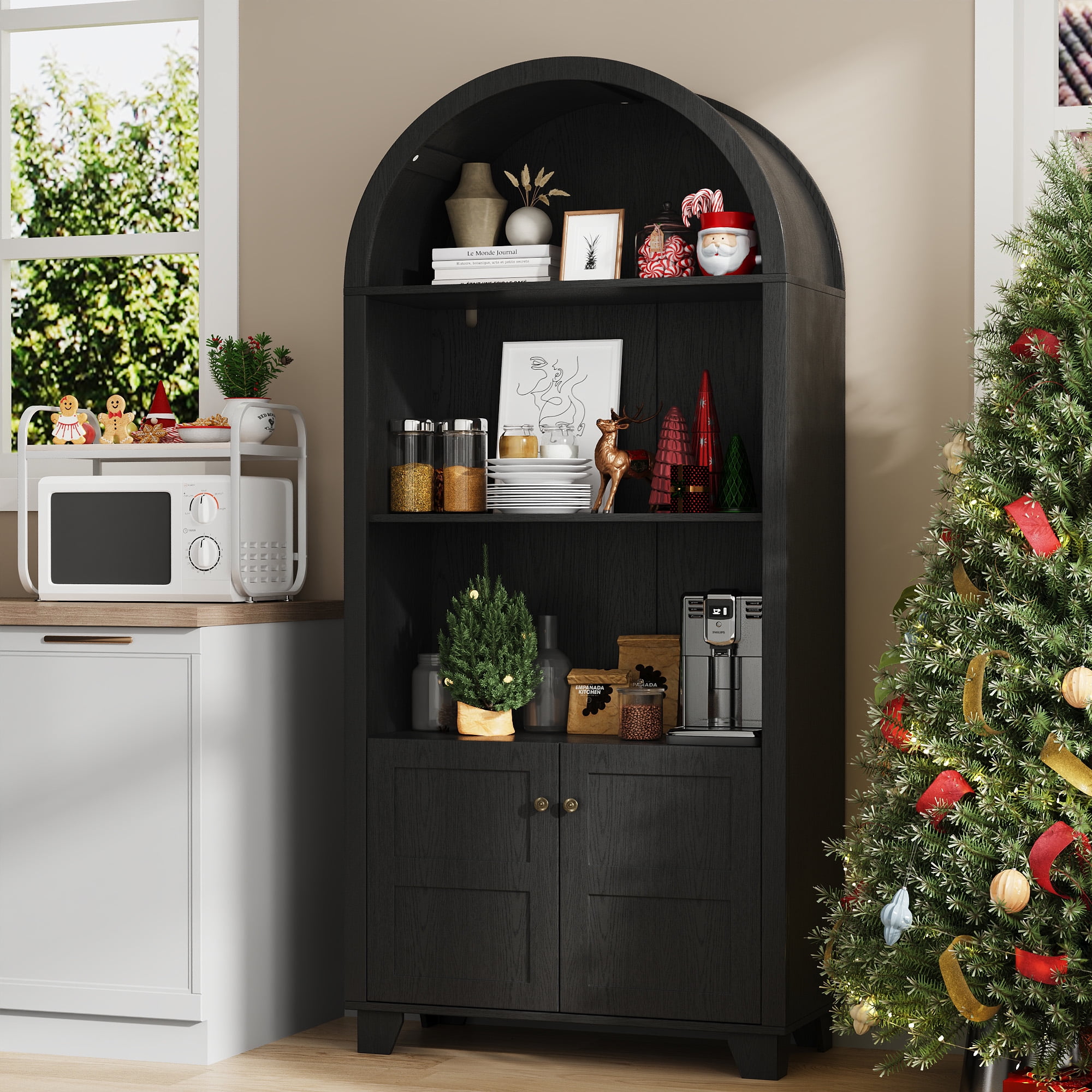 70'' Tall Arched Cabinet, Arched Kitchen Pantry Cabinet with 2 Doors and 5shelves, Open Storage Cabinets Display Bookcase, Versatile Cupboard for Living Room(Black)