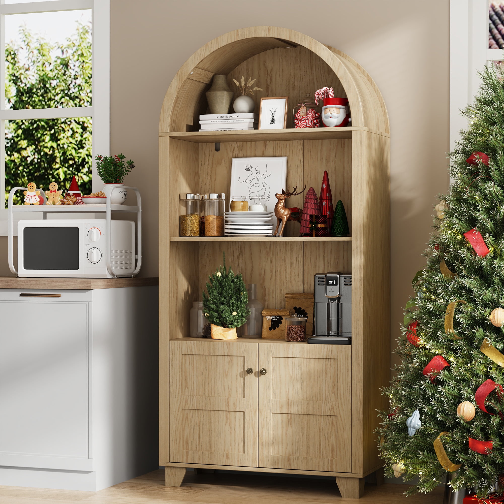 70'' Tall Arched Cabinet, Arched Kitchen Pantry Cabinet with 2 Doors and 5shelves, Open Storage Cabinets Display Bookcase, Versatile Cupboard for Living Room(Wood color)