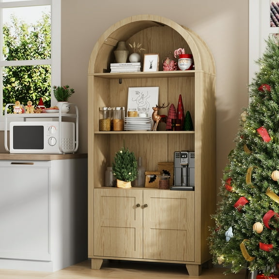 70'' Tall Arched Cabinet, Arched Kitchen Pantry Cabinet with 2 Doors and 5shelves, Open Storage Cabinets Display Bookcase, Versatile Cupboard for Living Room(Wood color)