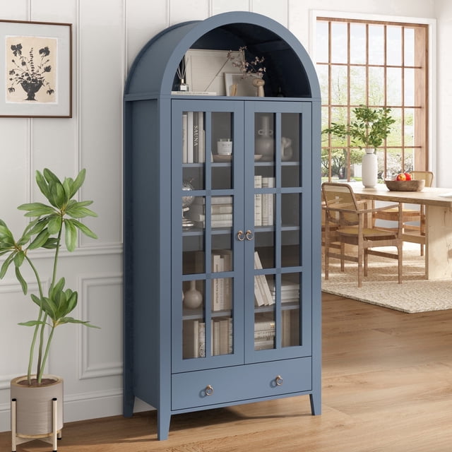Timber Displays 70'' Tall Arched Cabinet with Glass Door, Modern Wood Display Bookshelf ...