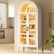 70" Tall Arched Kitchen Pantry Cabinet with LED Lights, Modern Wood Arched Bookshelf with Glass Doors & Adjustable Shelves, Elegant Display Cabinet for Kitchen, Dining Room, Living Room