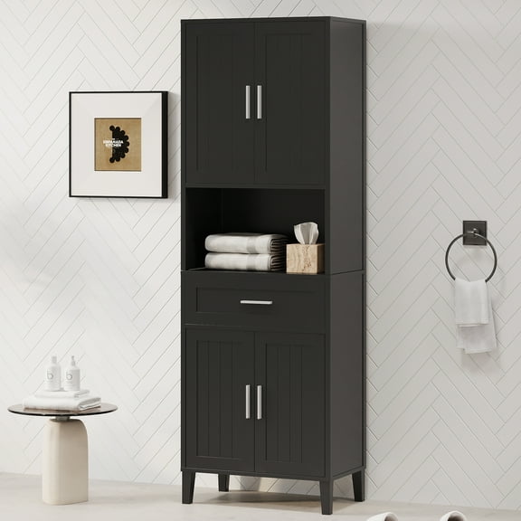 70"  Tall Bathroom Cabinet With Drawer 4 Soft Close Doors Adjustable Shelves For Stylish Storage, Black