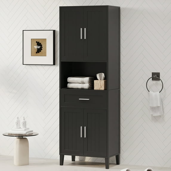 70" Tall Bathroom Cabinet With Drawer 4 Soft Close Doors Adjustable Shelves For Stylish Storage, Black