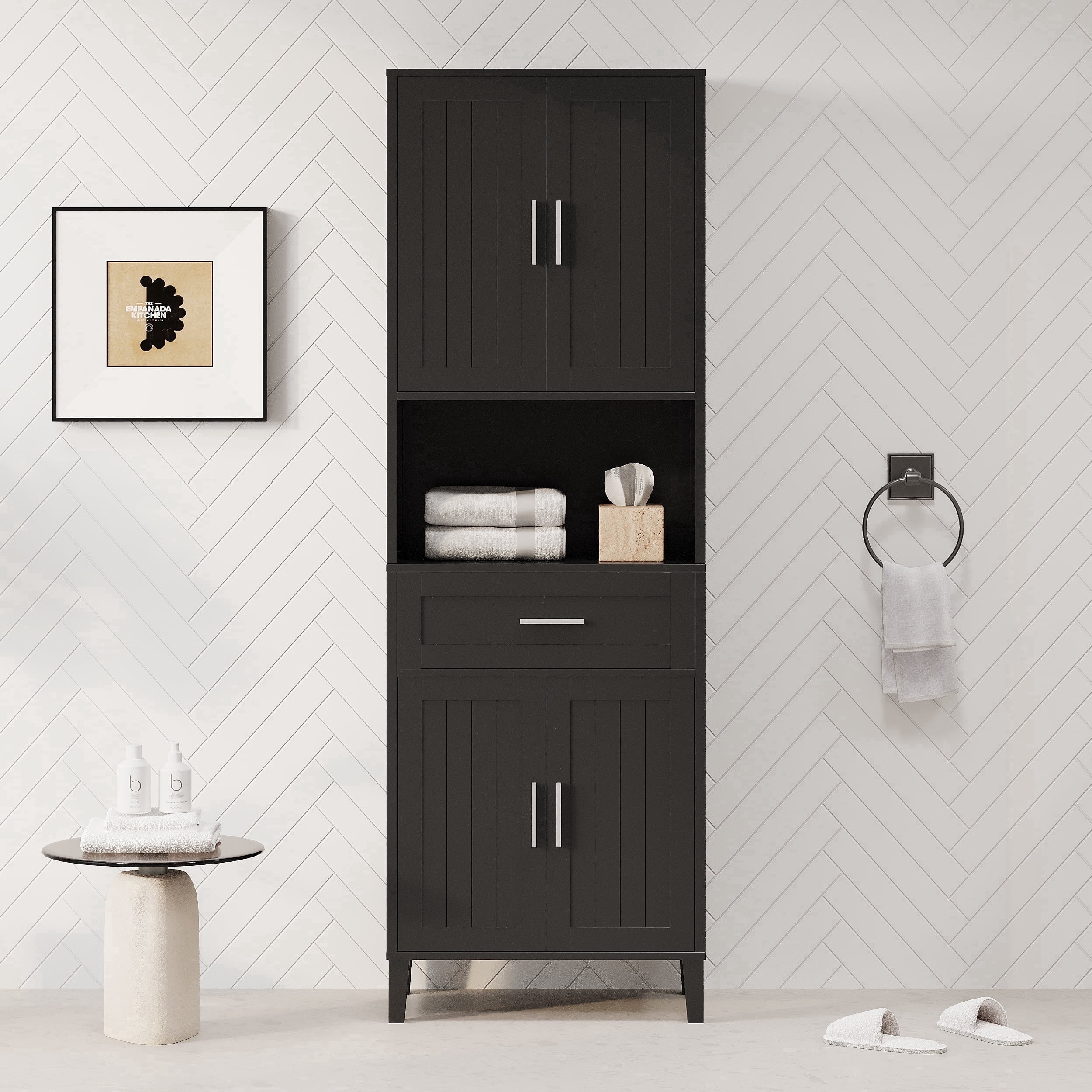 Pusnapku 70" Tall Storage Cabinet, Wood Pantry Cabinet with 4 Doors, Drawer, Adjustable Shelves, Narrow Bathroom Closet for Kitchen, Laundry Room