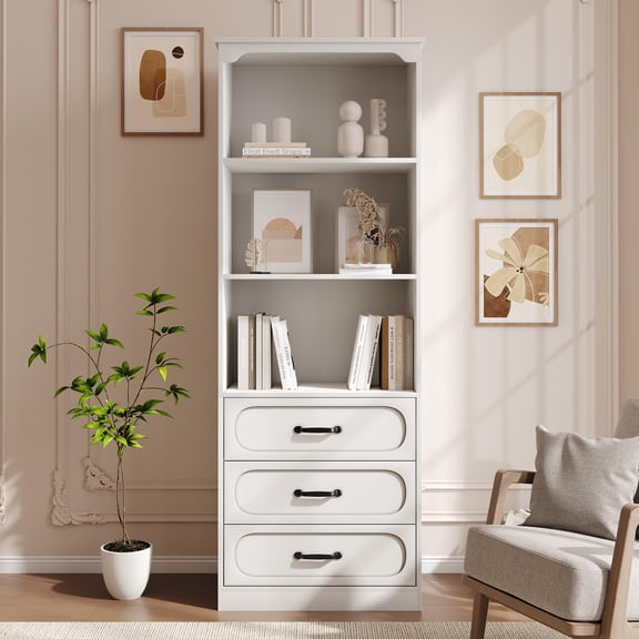 70" Tall Bookshelf with 3 Drawers and Adjustable Shelf, Freestanding Display Storage Bookcase Organizer for Home Office Living Room, Black/White