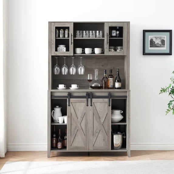 70" Tall Coffee Bar Cabinet with Sliding Barn Door, Farmhouse Buffet Cabinet with Storage Shelves, Wine and Glasses Rack, for Kitchen, Dining Room