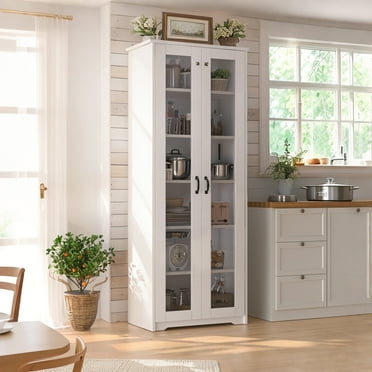 70" Tall Display Cabinet Storage, Pantry Cabinet with 2 Doors and 6 Adjustable Shelves, Standing Utility Cabinet for Dining Room, Food Storage and Kitchen, Clear and White
