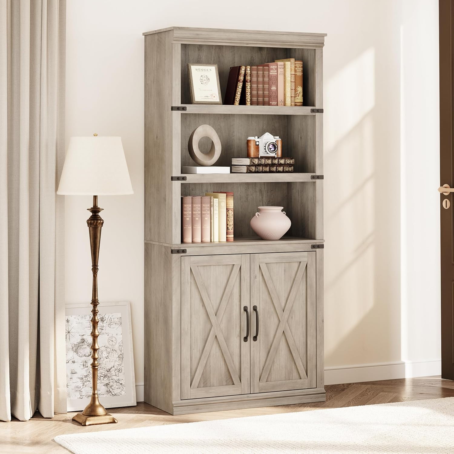 Gray Farmhouse Wooden Bookcase with Adjustable Shelves and Doors
