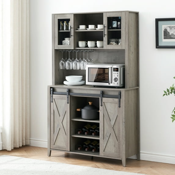 70" Tall Farmhouse Coffee Bar Cabinet with Sliding Barn Doors, Ample Storage Shelves, 6-Bottle Wine Rack & 12 Stemware Slots for Kitchen & Dining Room Elegance
