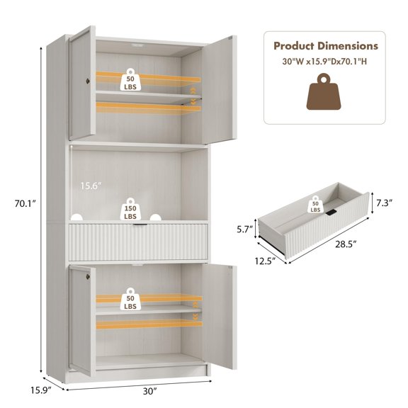 70" Tall Fluted Kitchen Pantry Cabinet with Countertop, Freestanding Wood Storage Hutch Cupboard - 4 Doors & Drawer - Adjustable Shelves - for Kitchen, Mudroom, Bathroom, Antique White, 4-Door AB Box