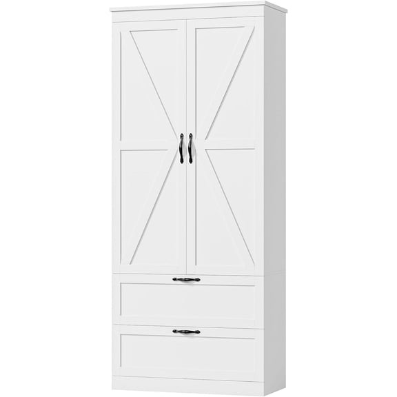 70" Tall Kitchen Pantry Storage, Barn Doors Pantry Cabinet with Drawers and Adjustable Shelf, Modern Farmhouse Storage Cabinet for Kitchen, Dining Room, Living Room, Bathroom, White