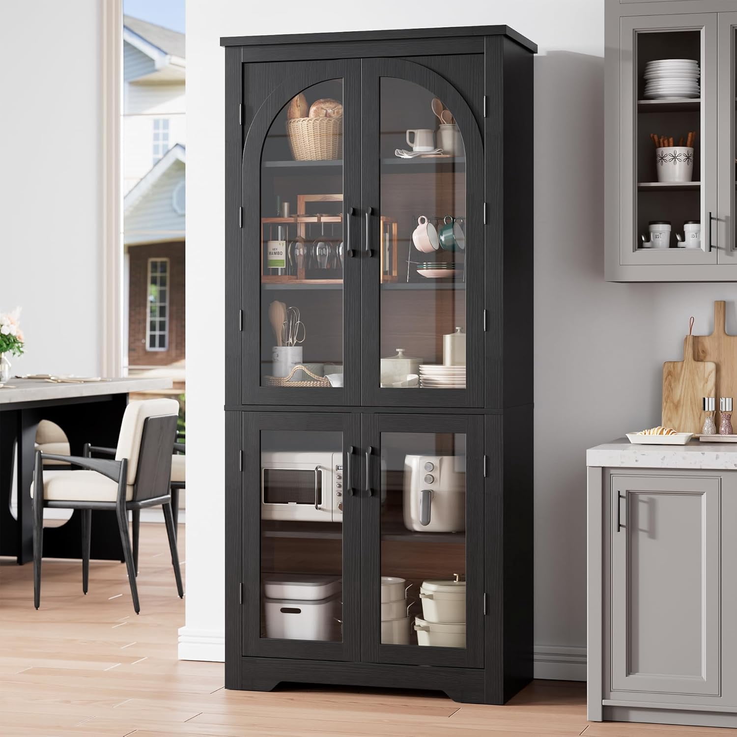 70" Tall Kitchen Pantry Storage Cabinet with Glass Doors, Farmhouse Cupboard with Adjustable Shelves, Freestanding Food Pantry for Kitchen, Dining, Living Room