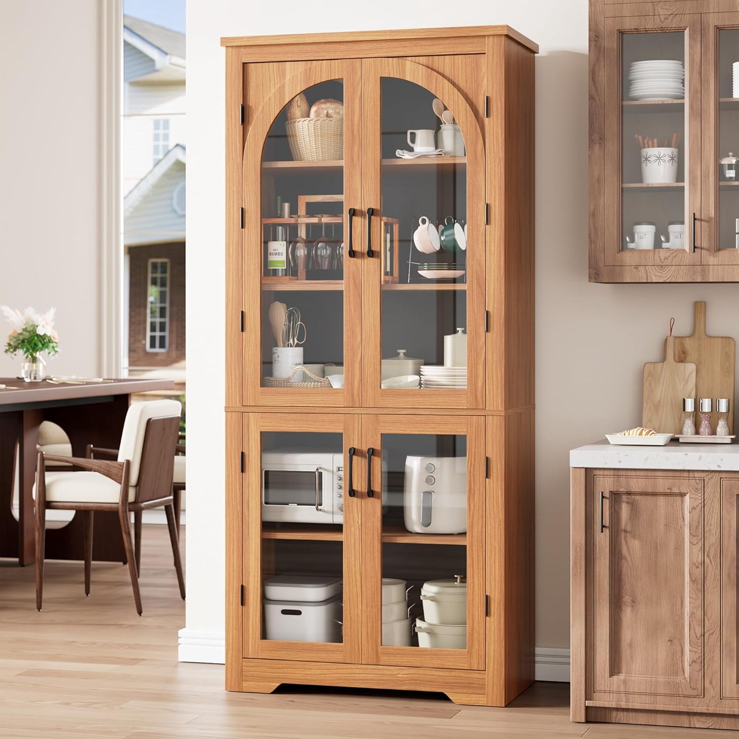70" Tall Kitchen Pantry Storage Cabinet with Glass Doors, Farmhouse Cupboard with Adjustable Shelves, Freestanding Food Pantry for Kitchen, Dining, Living Room