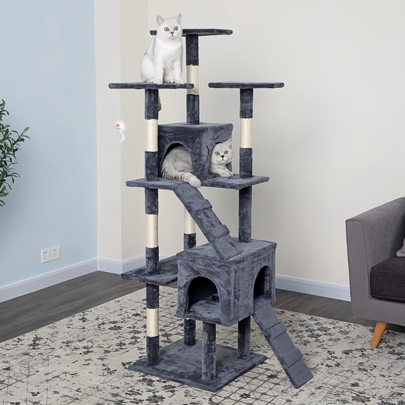70" Tall Multi-Level Cat Tree for Large Cats - Condo, Hammock, Scratching Post, Sturdy Base - Dark Grey