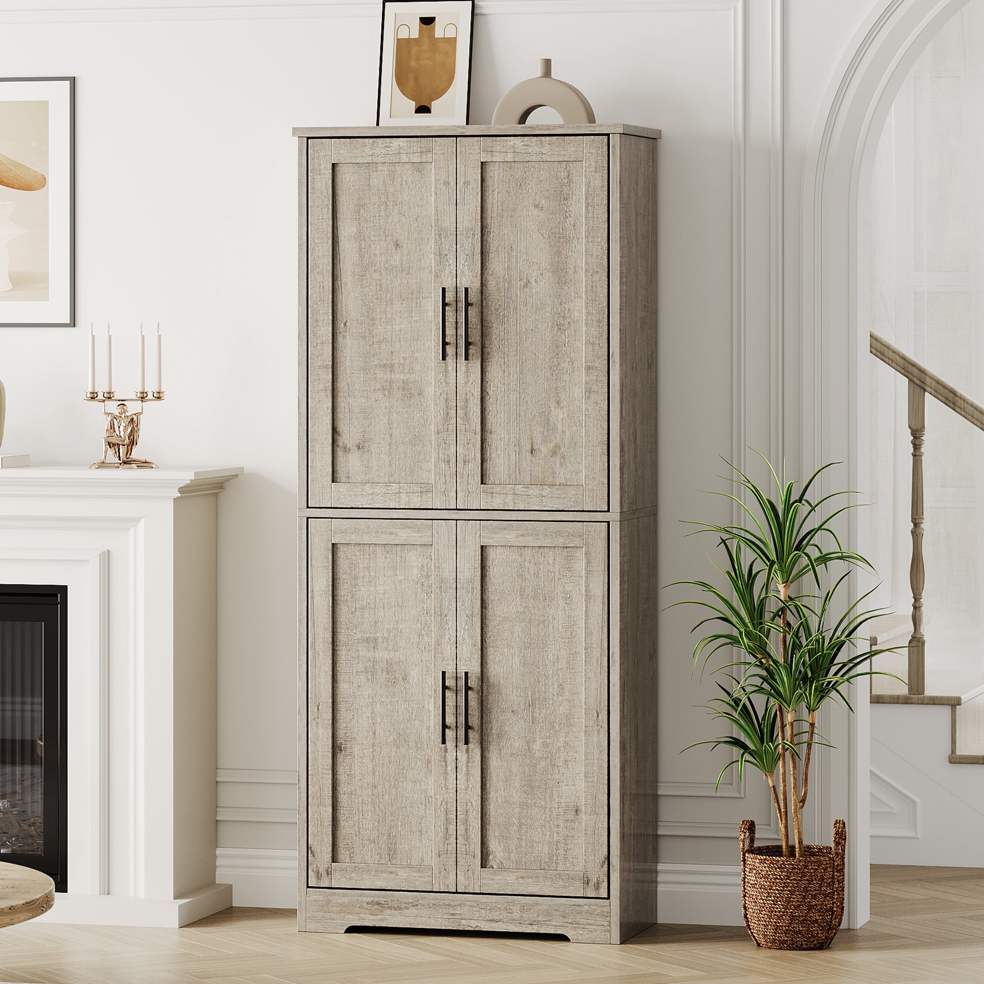 70" Tall Pantry Cabinet, Farmhouse Kitchen Pantry Storage Cabinets, Freestanding Cupboard with 4 Doors and 3 Adjustable Shelves for Dining Room/Kitchen/Living Room/Bathroom/Laundry/Utility Room