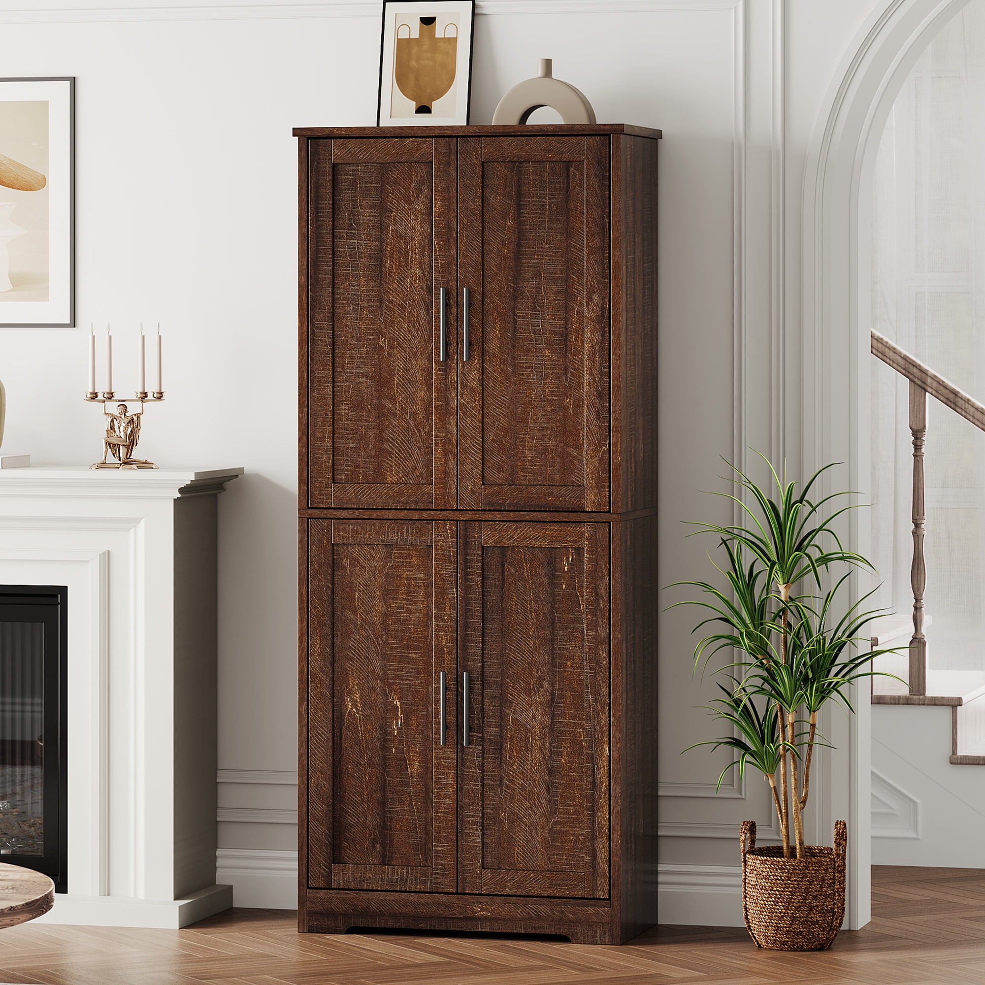 70" Tall Pantry Cabinet, Farmhouse Kitchen Pantry Storage Cabinets, Freestanding Cupboard with 4 Doors and 3 Adjustable Shelves for Dining Room/Kitchen/Living Room/Bathroom/Laundry/Utility Room