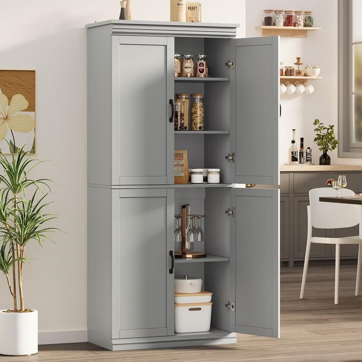 70" Tall Pantry Cabinet, Freestanding Kitchen Pantry Storage Cabinet with Doors and Adjustable Shelves for Dining Living Room Bathroom, Gray