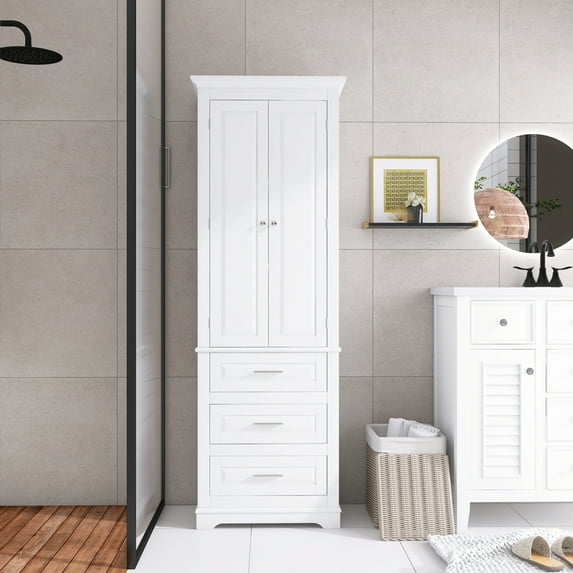 70" Tall Storage Cabinet with Doors and Three Drawers for Bathroom/Office Lacquer - White