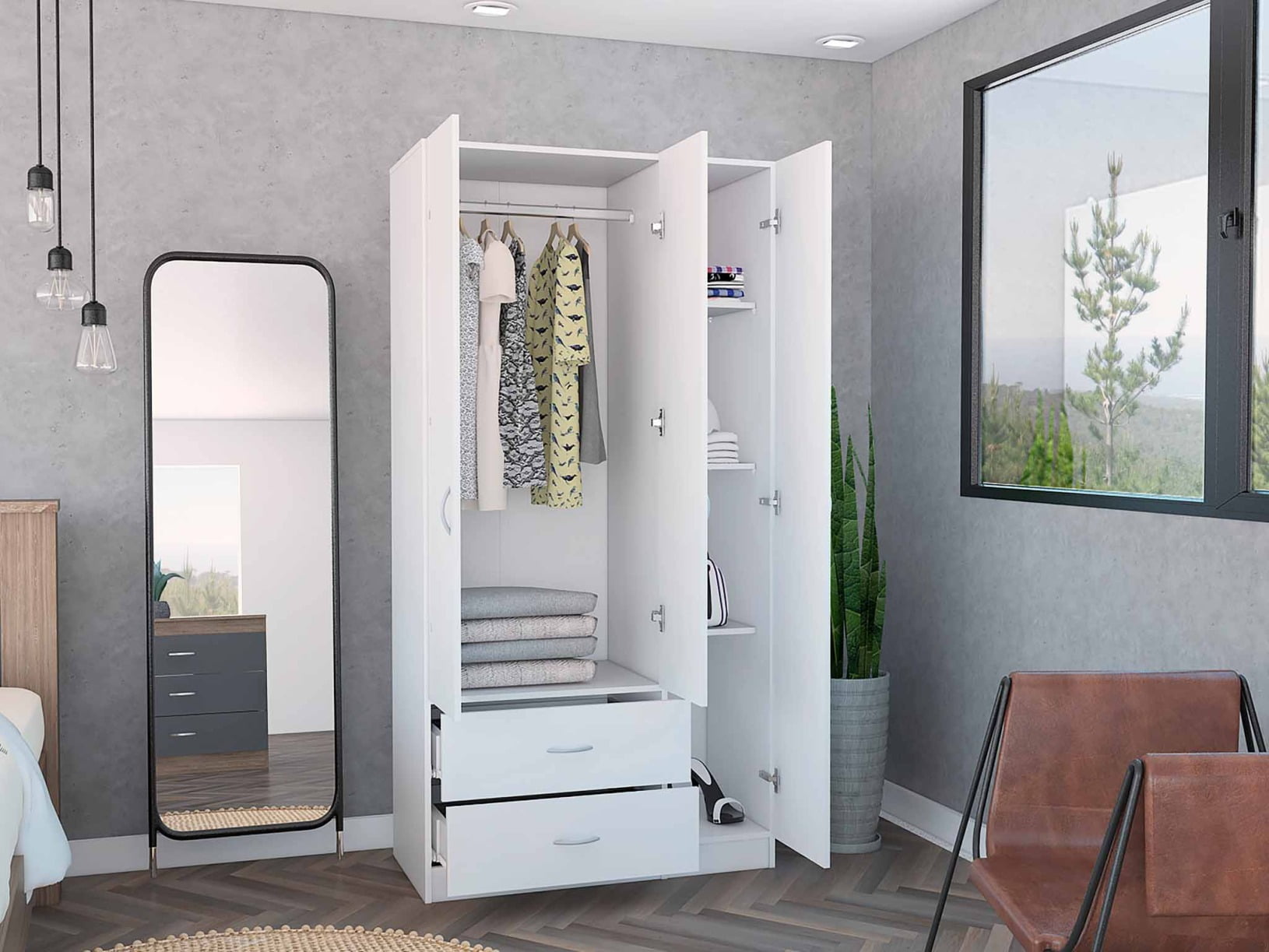70" Tall Storage Wardrobe, Modern Multi-Function 3-Door Armoire with ...