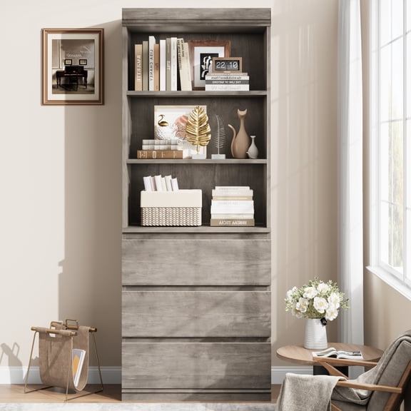 70" Tall Wood Bookshelf with 3 Drawers, Freestanding Open Library Bookcase Storage Cabinet for Living Room & Home Office-Gray