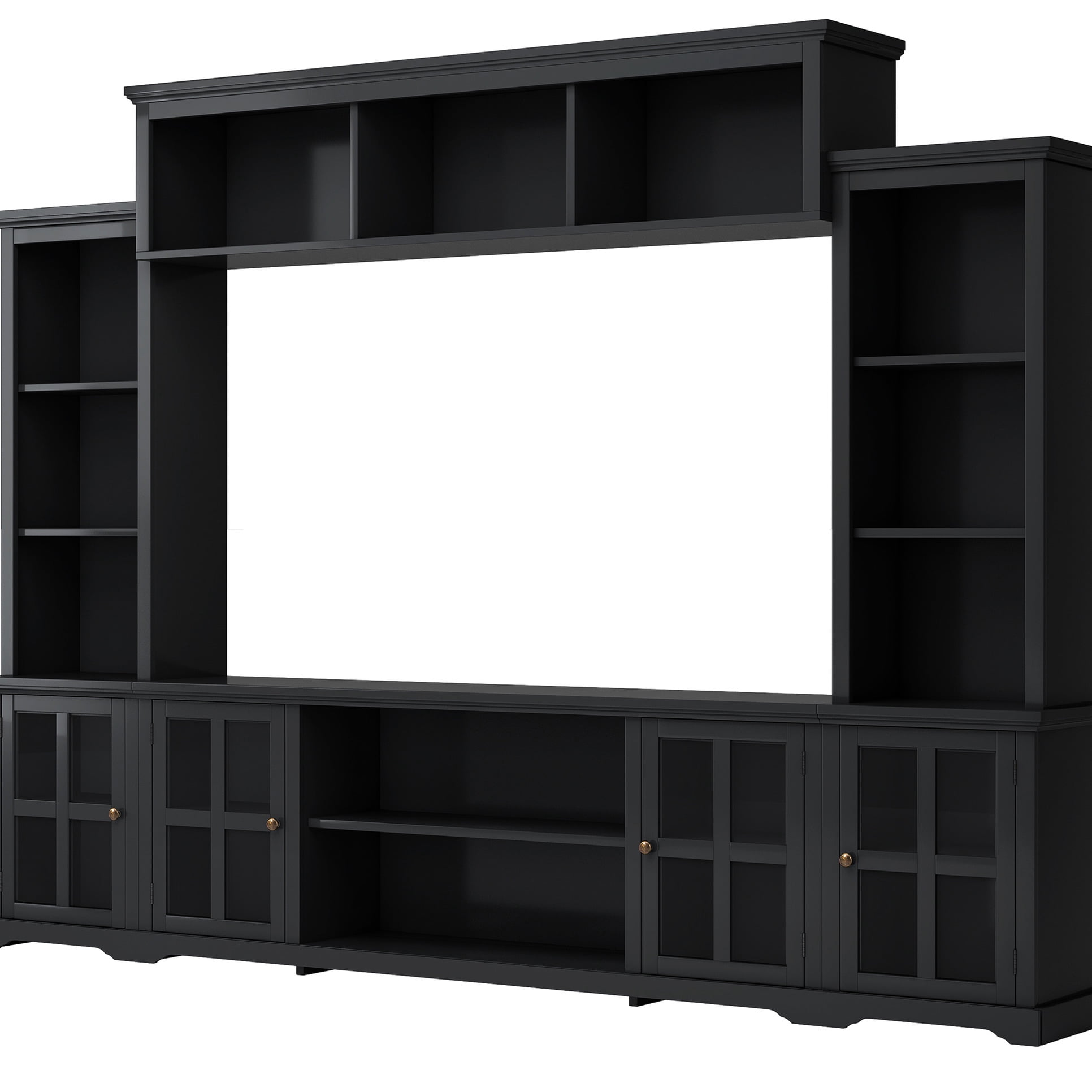 70" Tv Entertainment Wall Unit With Bridge, Black Minimalist Console ...